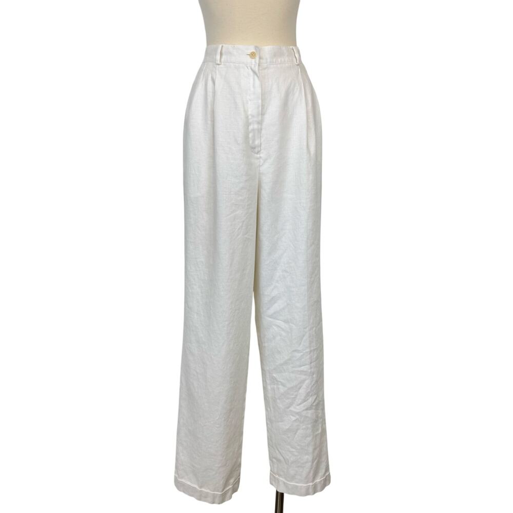 LAUREN Ralph Lauren Linen Wide Leg Pants Pleated Front High Rise White Womens 12